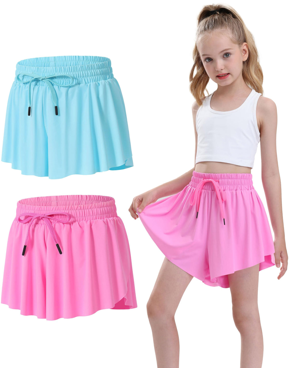 2-3 Pack Girls Flowy Butterfly Shorts with Pockets Liner 2 in 1 Skirt for Fitness, Athletic Running Sports