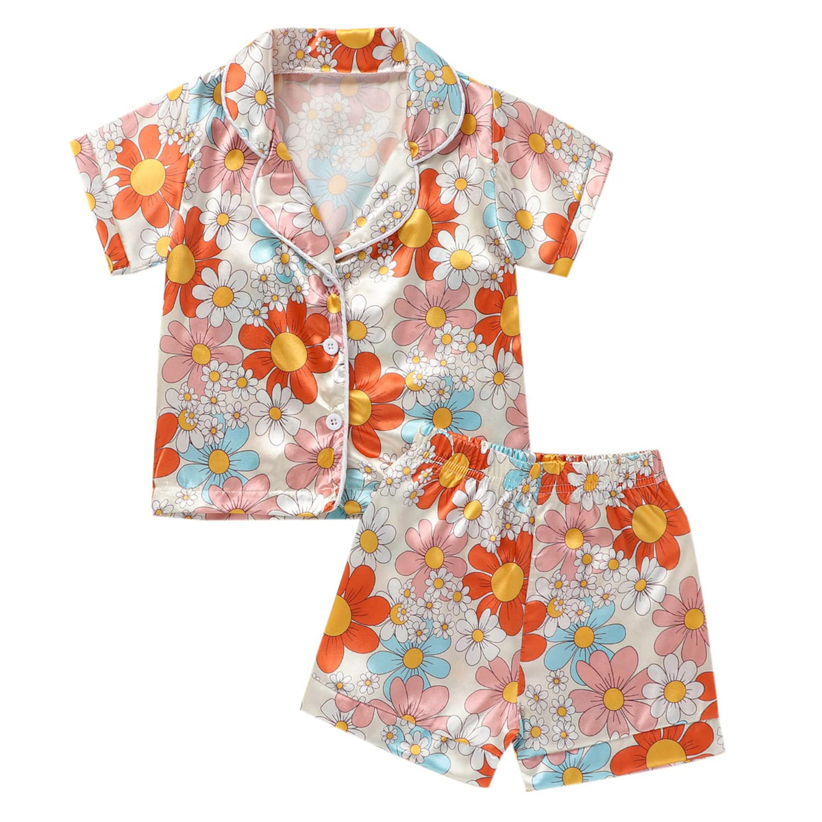 1-6Y Toddler Girls Floral Silk Pajamas Short Sleeve Button-Up Top Shorts Summer 2PC Flowers Satin Pajamas Set