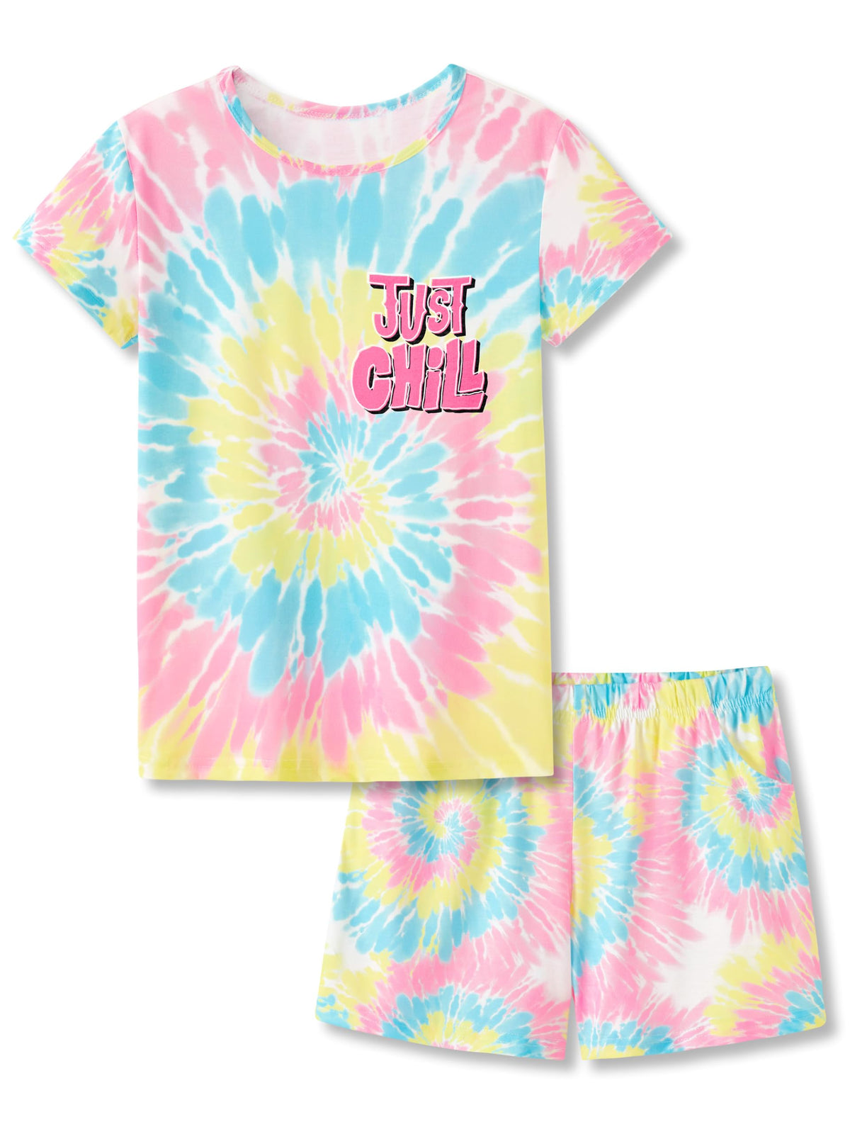 Beezizac Girls Pajamas Neon Tie Dye Spiral Capybara Smiling Face Print T-shirt & Shorts 2-Piece Soft PJ Set Size 6-18