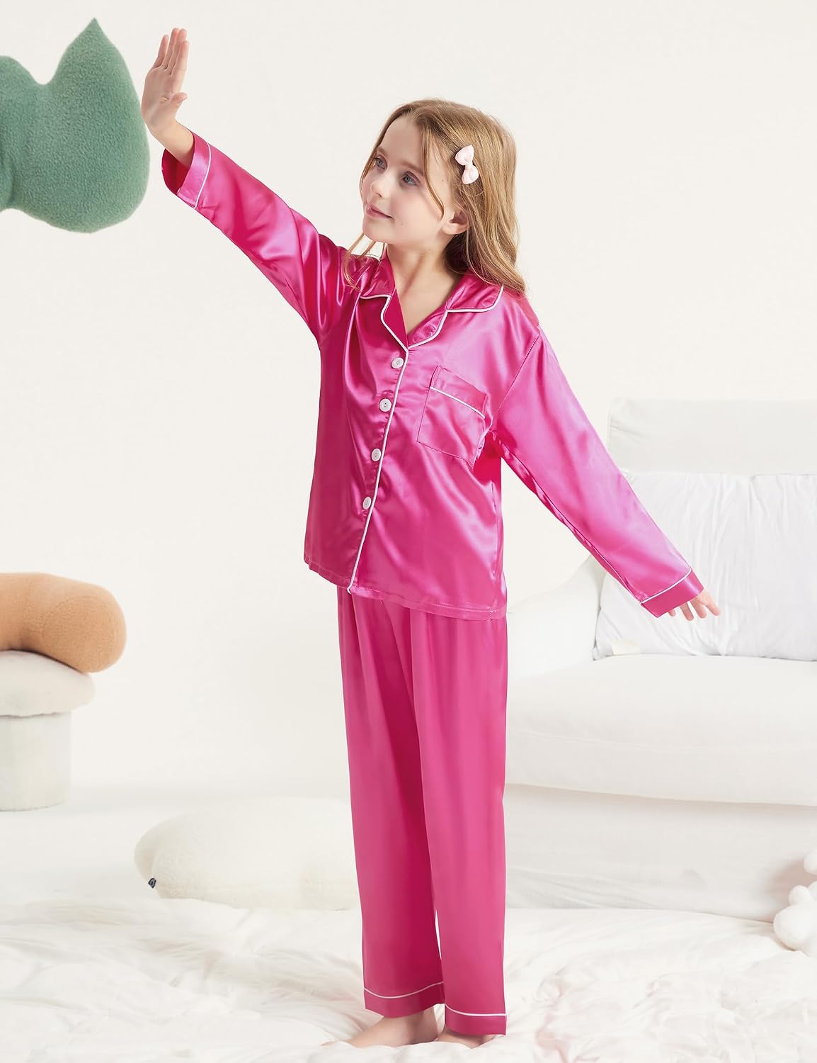 DIPUG Girls Pajamas Pjs Set Satin Long Sleeve Sleepwear for Kids