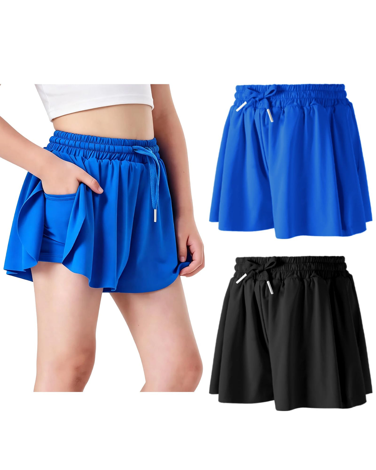 Butterfly Shorts Girls 2 in 1 Flowy Shorts with Pocket Athletic Skorts for Girls Running Tennis Skirts 2-14Y