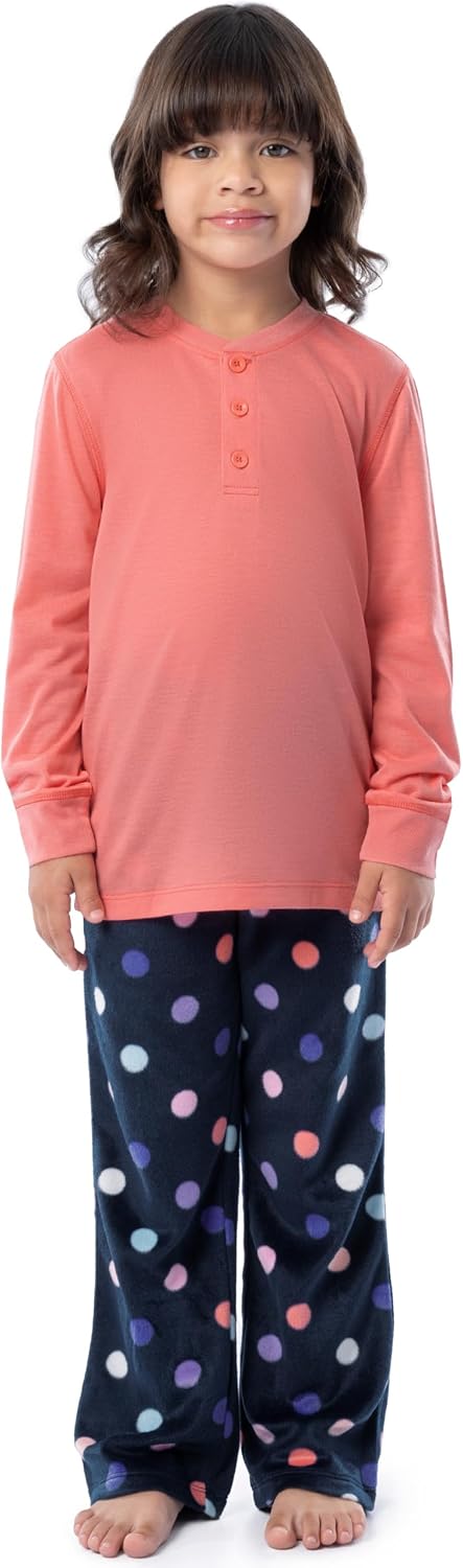 Fruit of the Loom Girls' Long Sleeve Jersey Henley Top and Fleece Pant Sleep Pajama Set