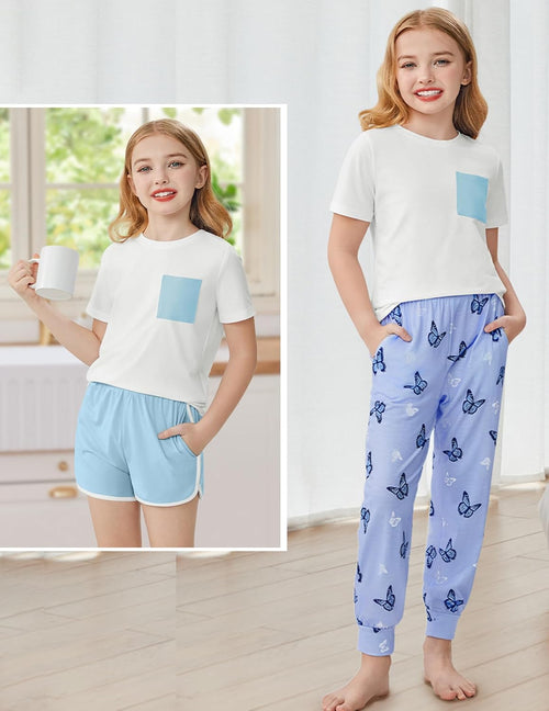 Arshiner Girls Clothes 3 Piece Outfits Short Sleeve Shirt Dolphin Shorts and Pant Sets Fashion Clothing with Pockets