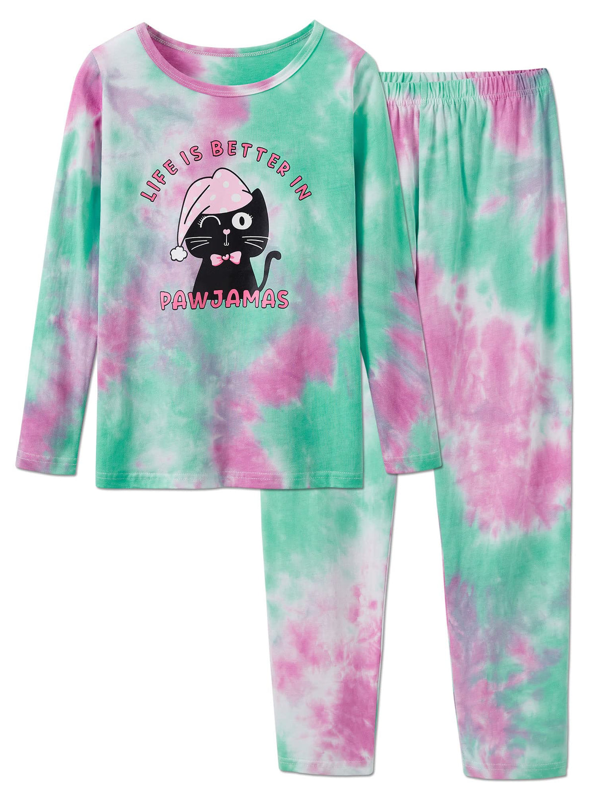 Beezizac Girls' 100% Cotton Pajama Set, Tie-Dye with Various Prints, 4T–18