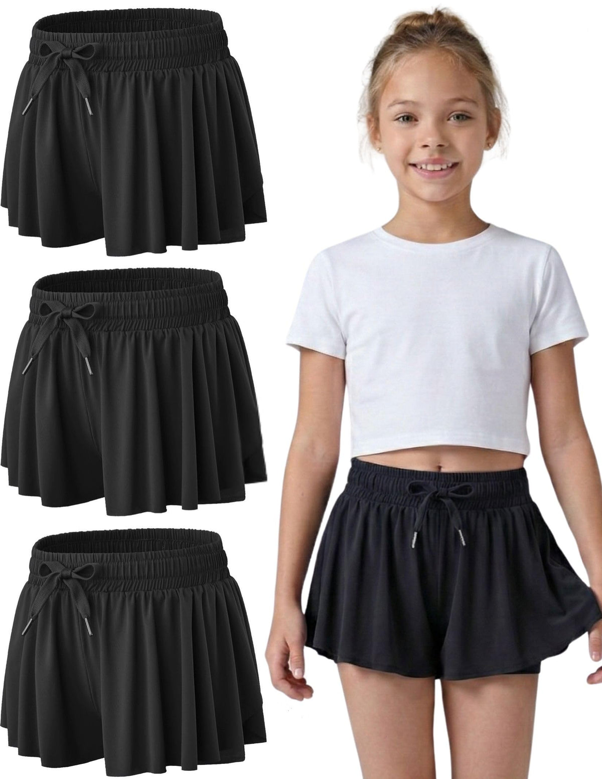 1 or 3 Pack Youth Girls Flowy Shorts with Spandex Liner & Pockets