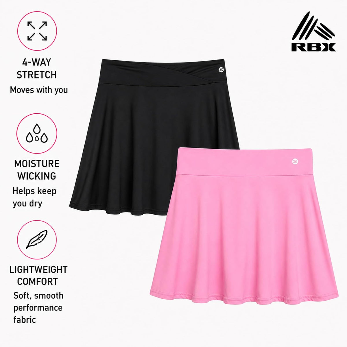 RBX Girls 2 Pack Pleated Skort, Tennis Golf Skirt, Bike Short Lining, 7-16