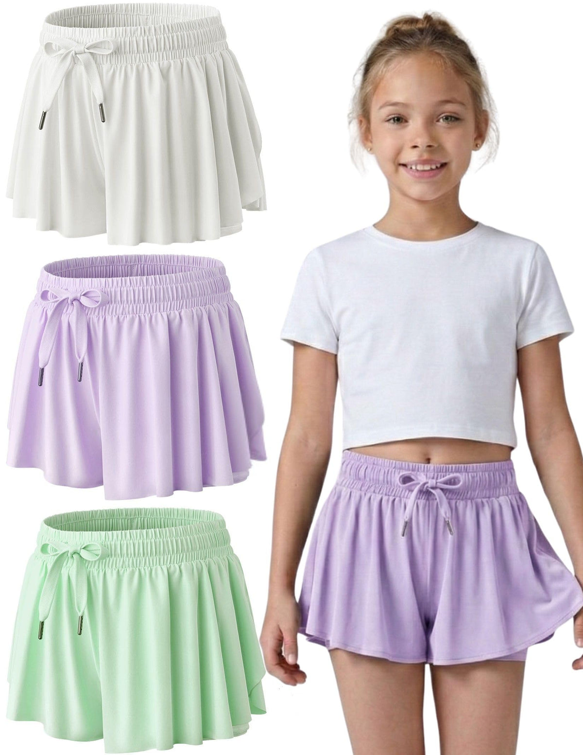 1 or 3 Pack Youth Girls Flowy Shorts with Spandex Liner & Pockets