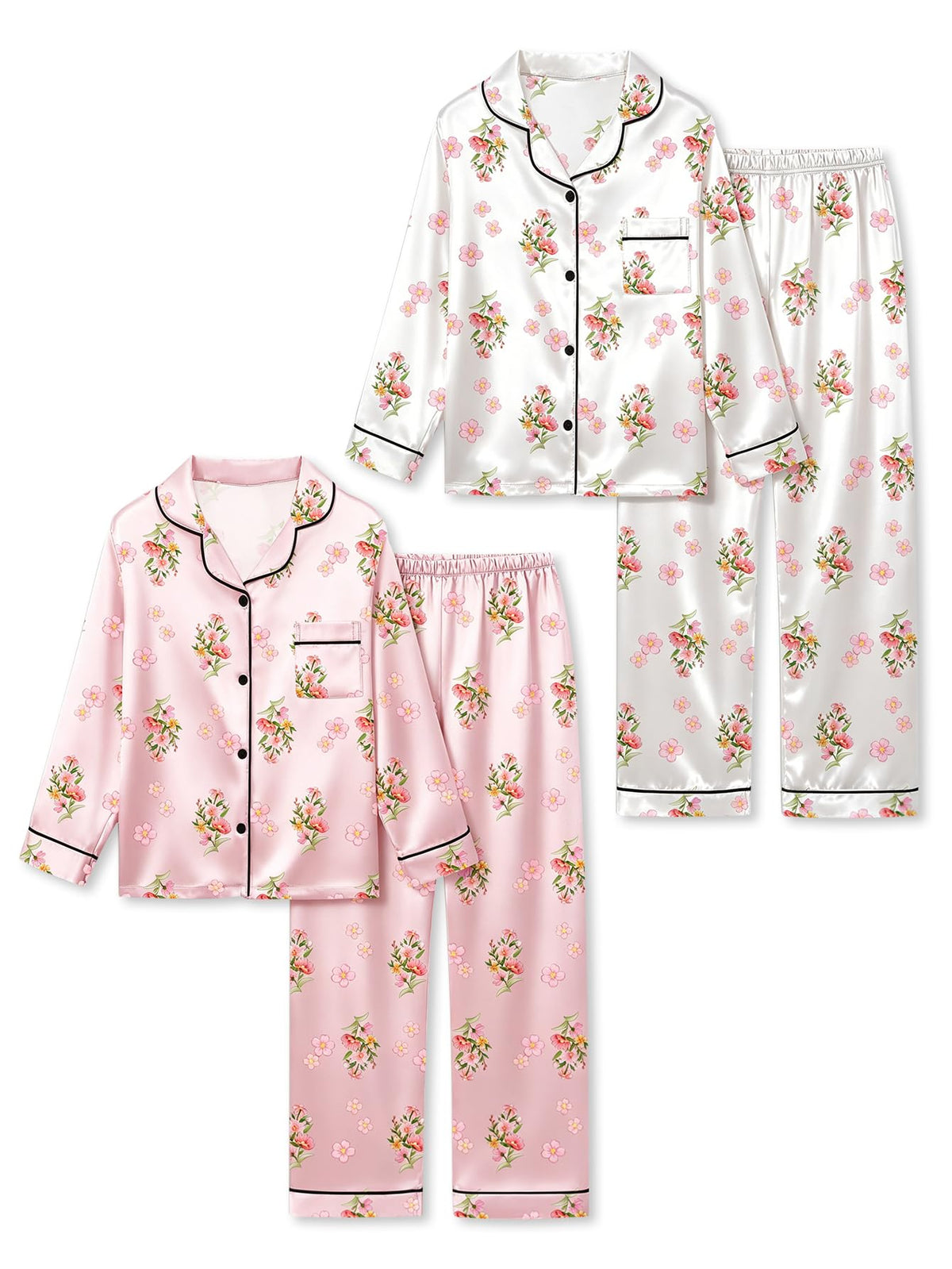 Satin Pajamas for Girls, 4-Piece Long Sleeve Silky Button Down PJ Set