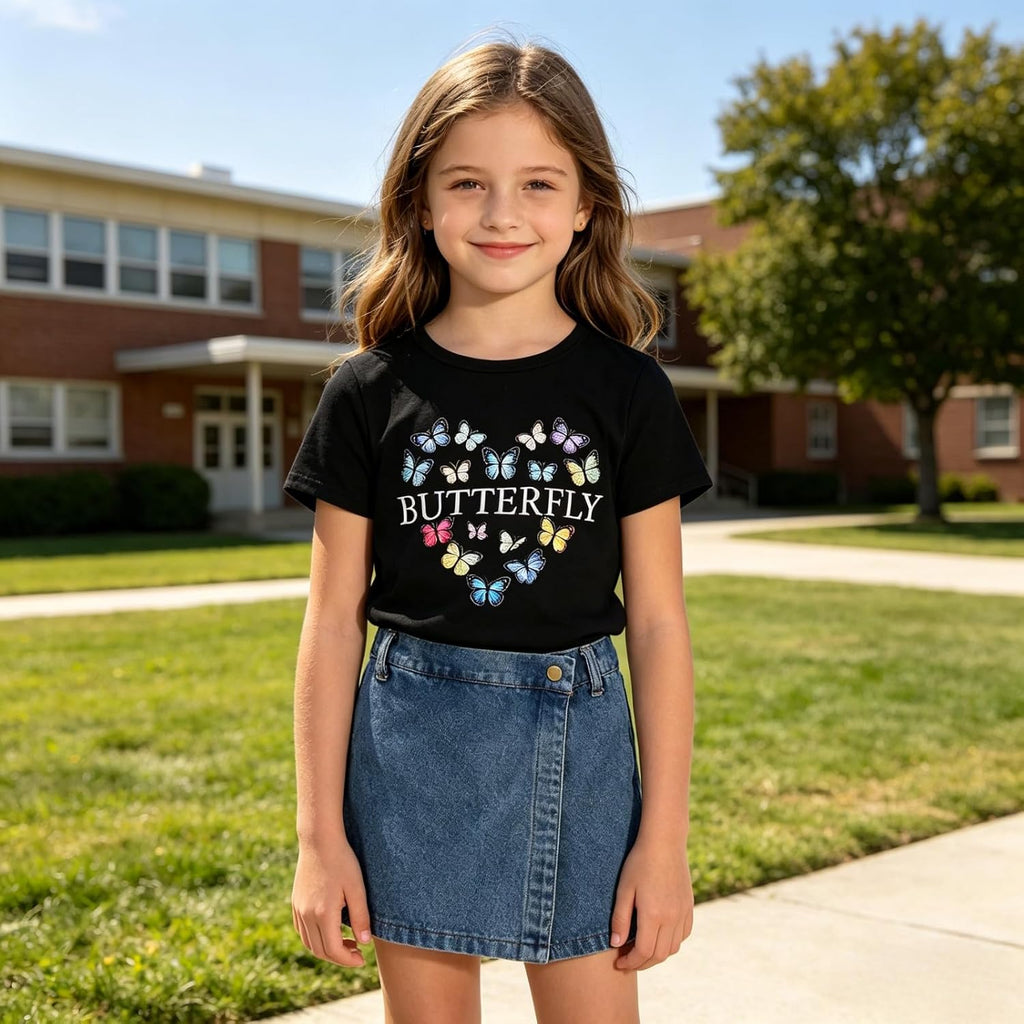 Girls Summer Clothes Butterfly Print Short Sleeve Tops and Denim Skirt Shorts Set Cute Outfits for Kids Girls 5-12Y