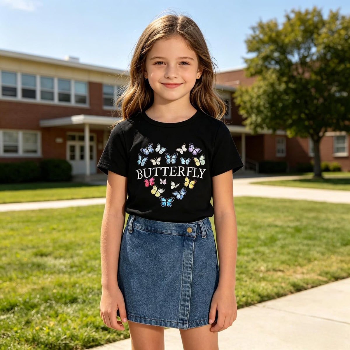 Girls Summer Clothes Butterfly Print Short Sleeve Tops and Denim Skirt Shorts Set Cute Outfits for Kids Girls 5-12Y