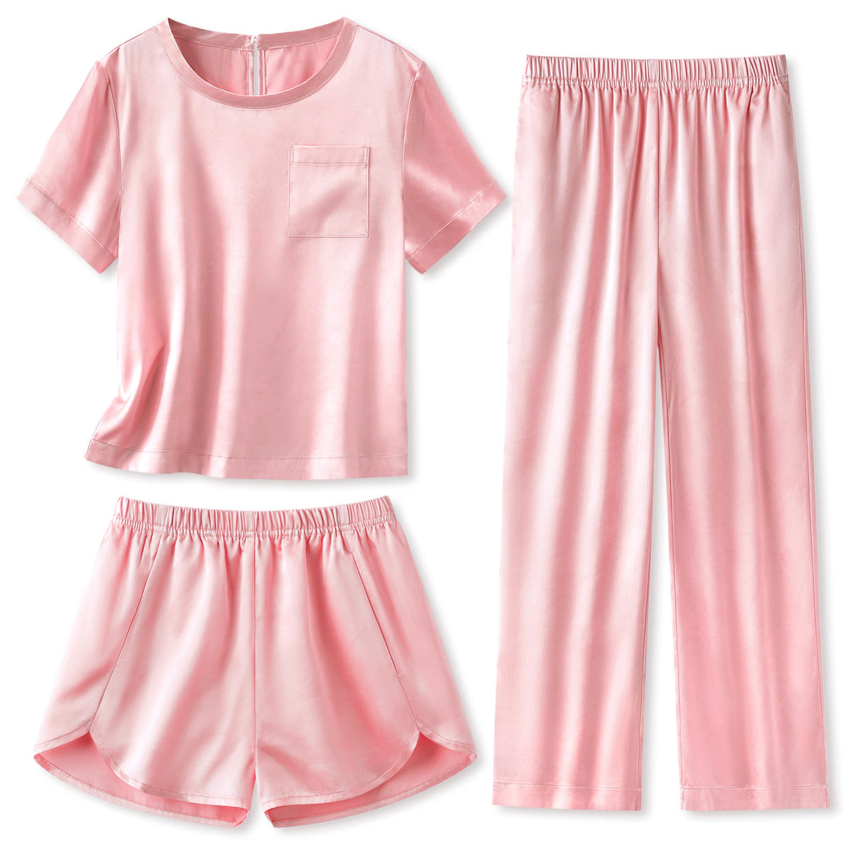 Arshiner Silky Girls Pajamas 3 Pcs Satin Short Sleeve Pjs Sleepwear Sets