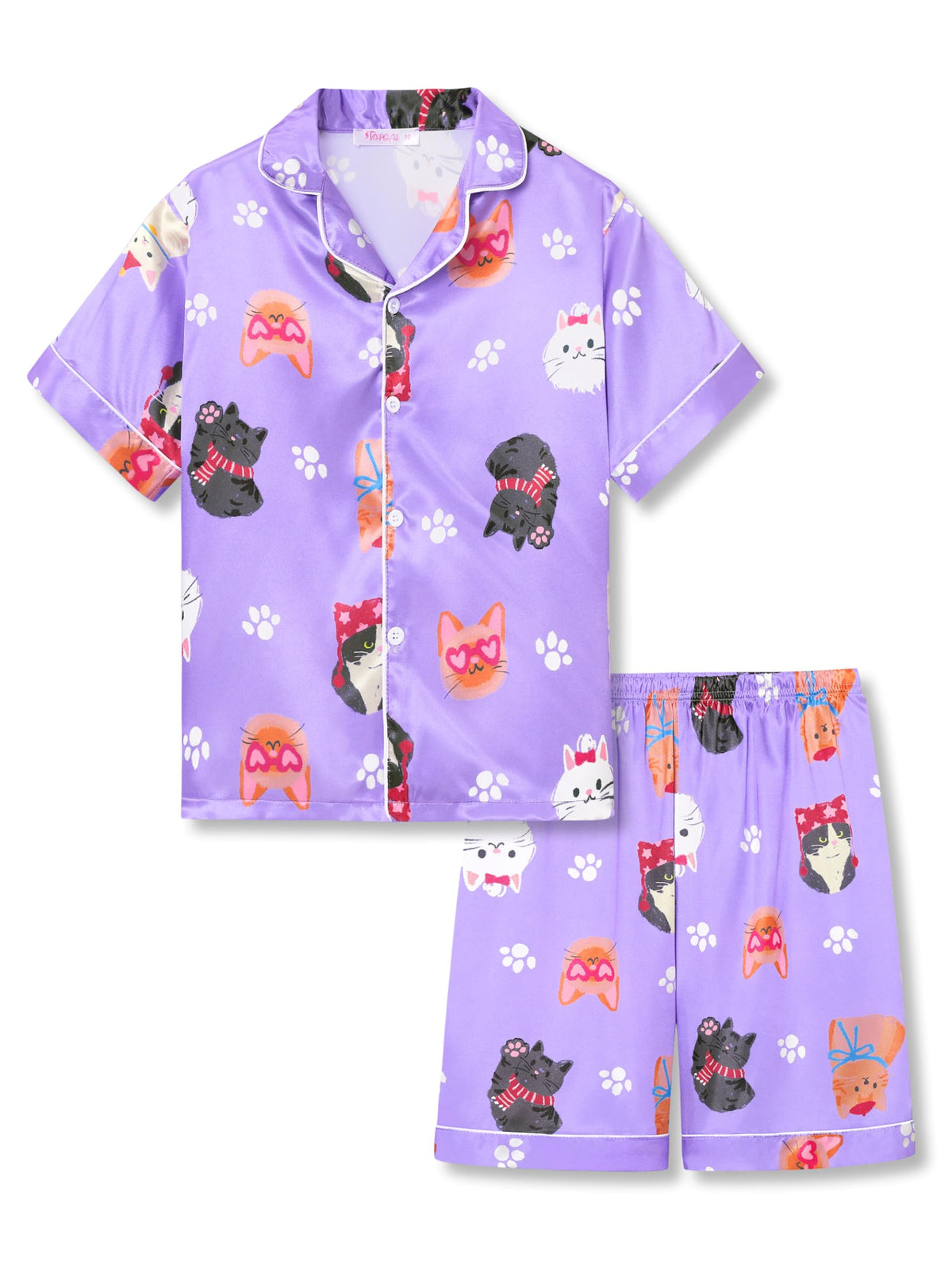Topgal Girls Satin Pajamas, Short Sleeve Shorts Button Up, Size 6-16