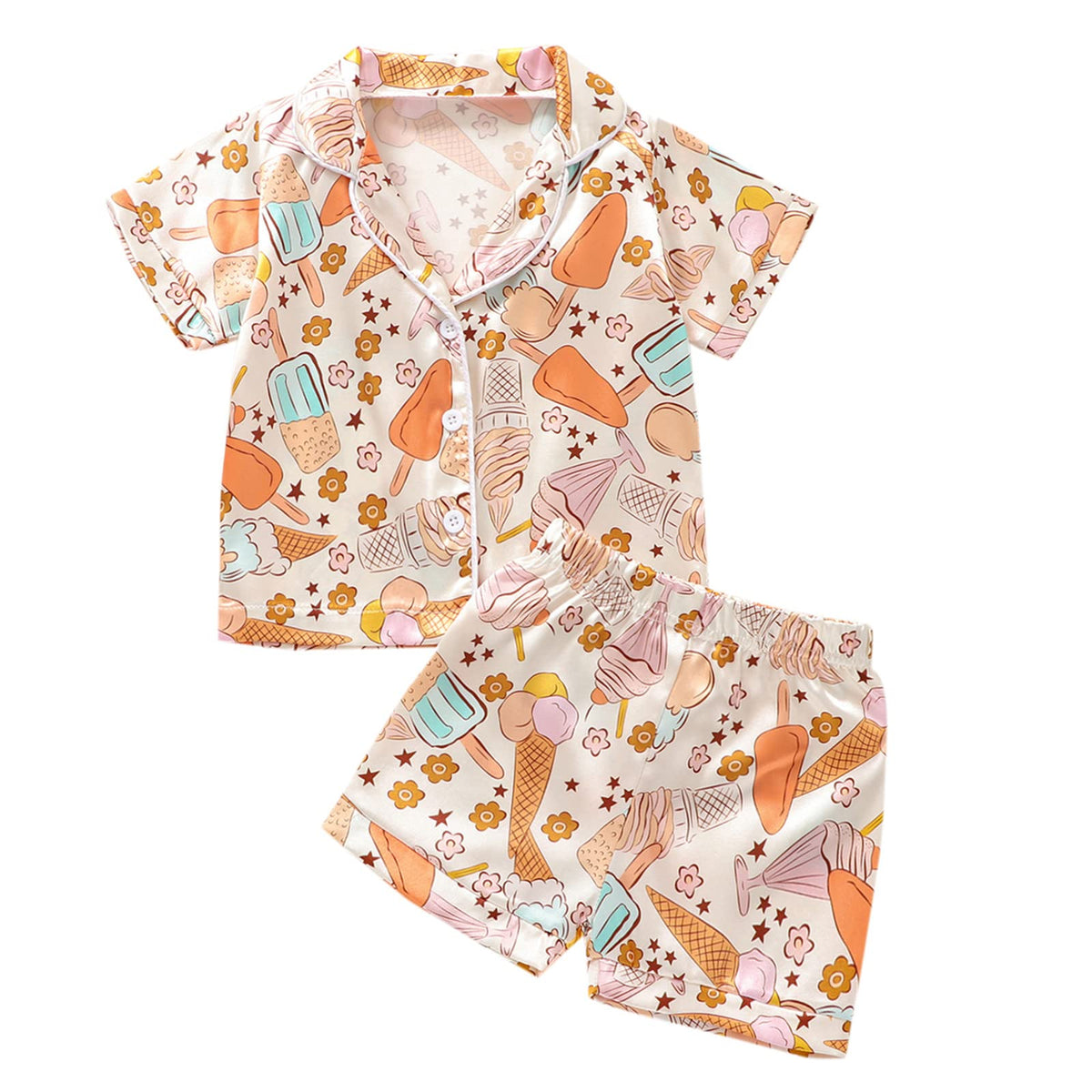 1-6Y Toddler Girls Floral Silk Pajamas Short Sleeve Button-Up Top Shorts Summer 2PC Flowers Satin Pajamas Set