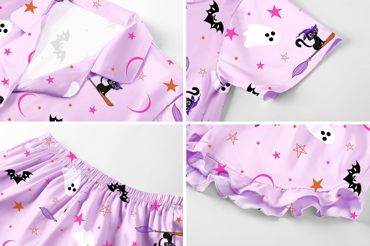 Umeyda Girls 3 Pieces Pajamas Sets Silk Satin Ruffle Sleepwear Short Sleeve Button-Down 3Pjs Nightwear, 5-14 Years