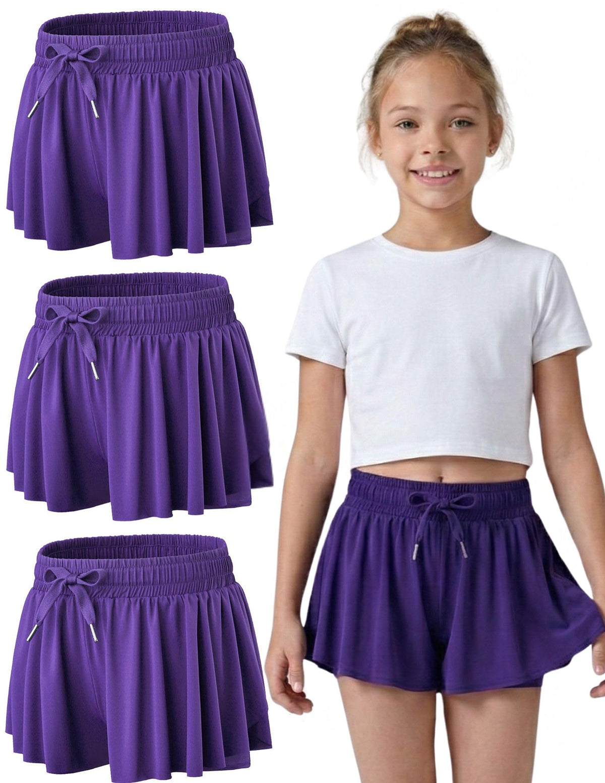 1 or 3 Pack Youth Girls Flowy Shorts with Spandex Liner & Pockets