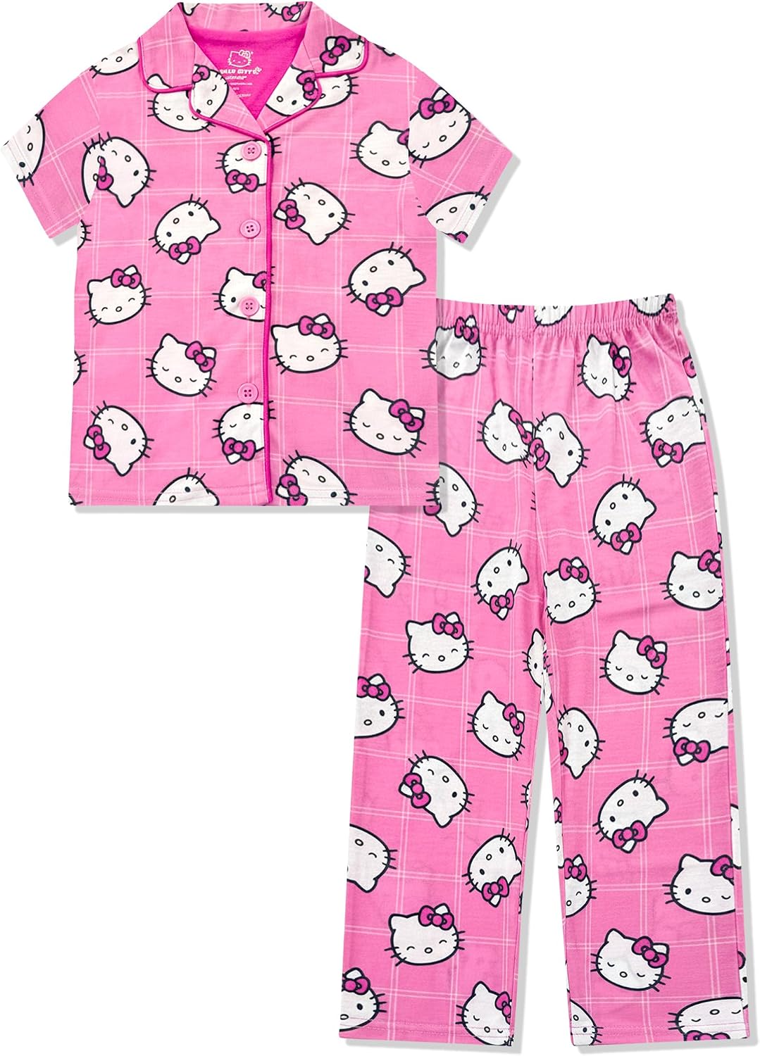 Hello Kitty Girls Pajama Set - 2 Piece Girls Pjs Button Down Short Sleeve & Pants For Kids - Official Product