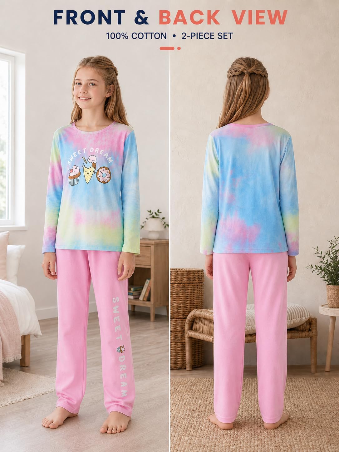 Beezizac Girls' 100% Cotton Pajama Set, Tie-Dye with Various Prints, 4T–18