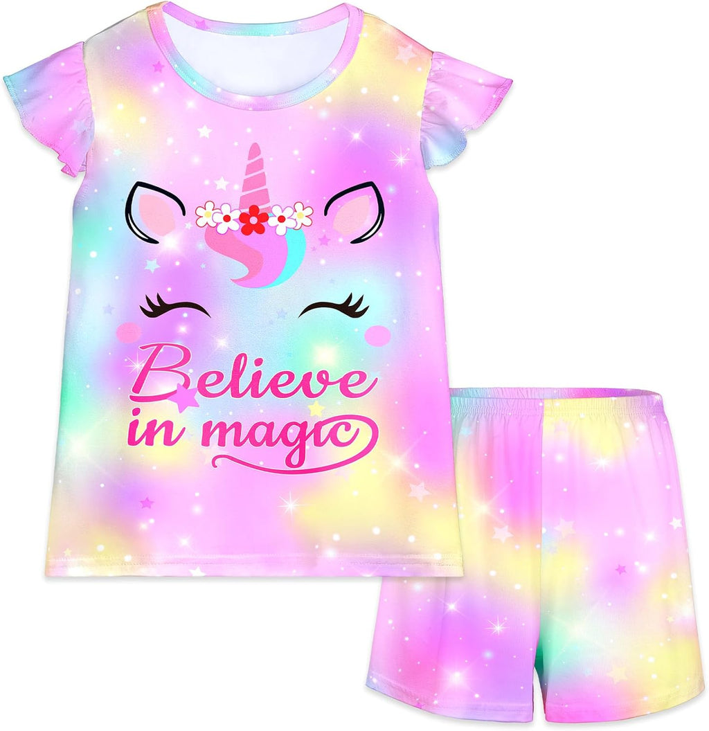 MHJY Girls 2-Piece Pajama Set Flutter Sleeve Breathable Sleepwear for Kids
