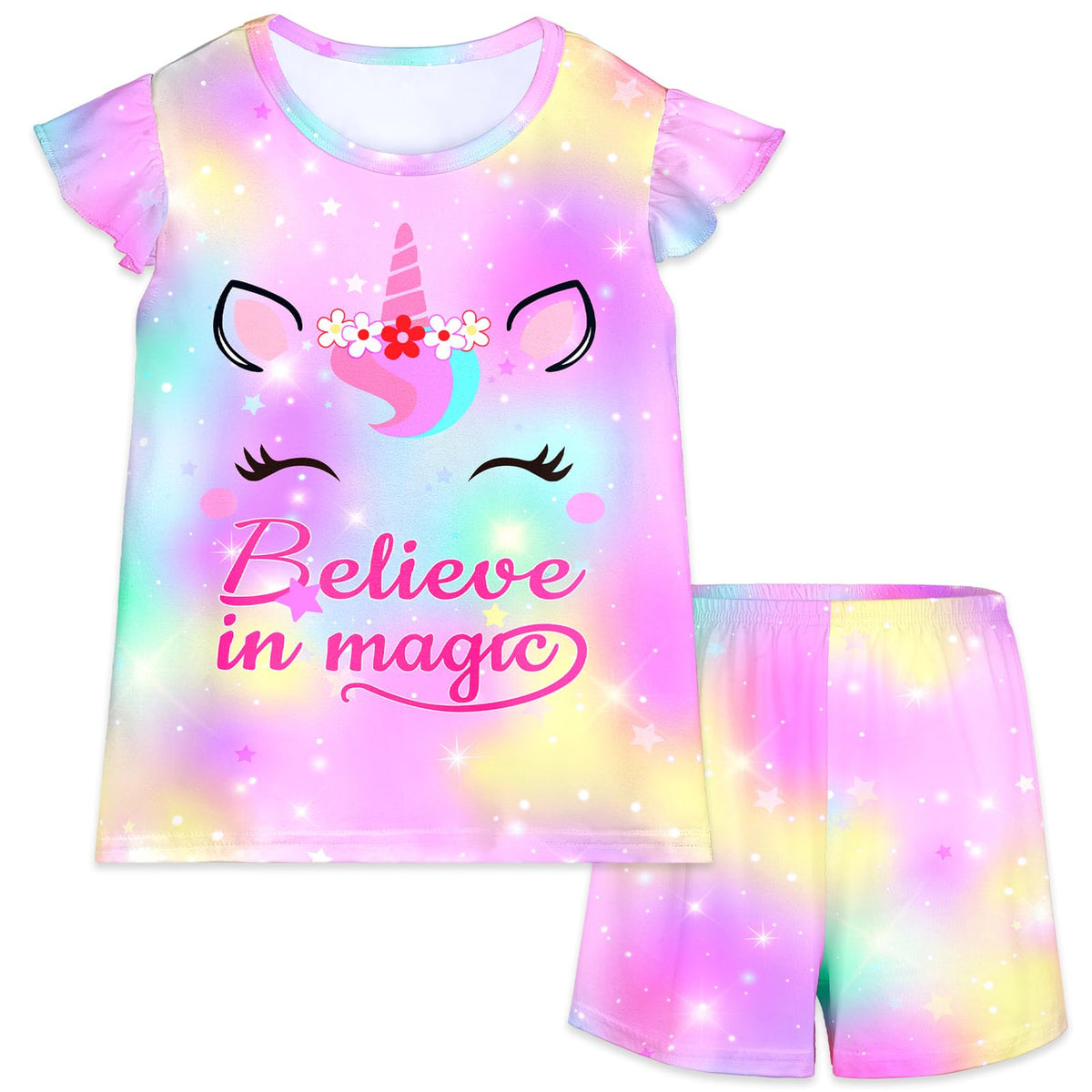 MHJY Girls 2-Piece Pajama Set Flutter Sleeve Breathable Sleepwear for Kids