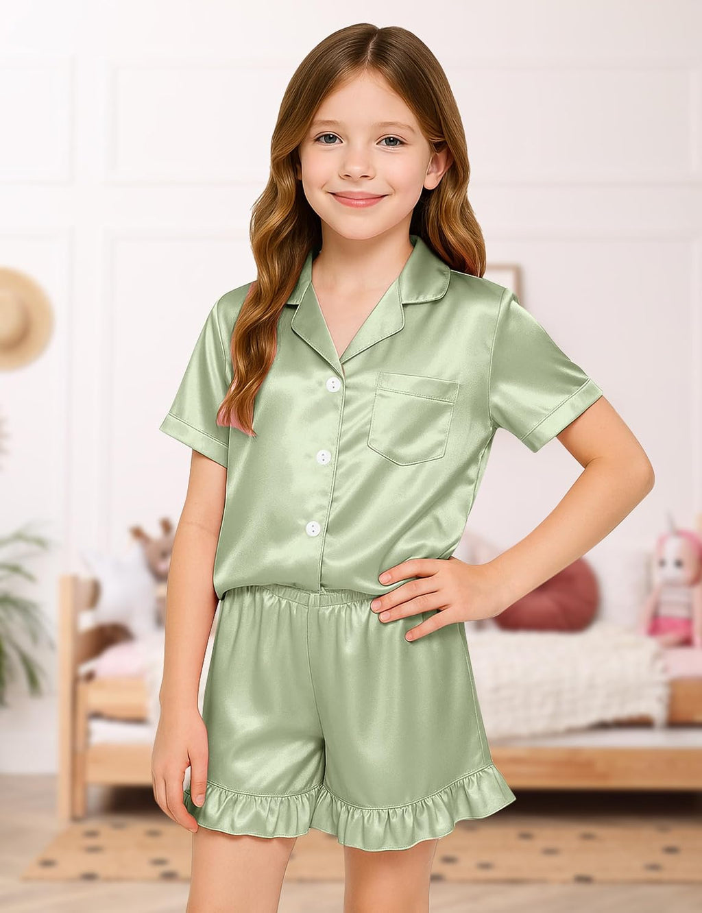 Kids Silk Pajamas Girls Satin Pajamas 2 Pcs Girls Ruffle Pjs Set