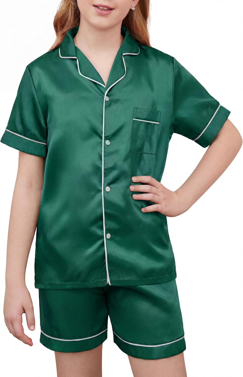 IHU Girls Pajamas Silk Satin PJs Boys Button Down Short Sleeve Shorts Set
