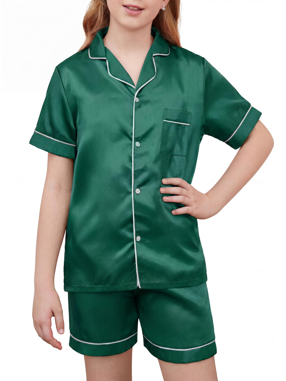 IHU Girls Pajamas Silk Satin PJs Boys Button Down Short Sleeve Shorts Set
