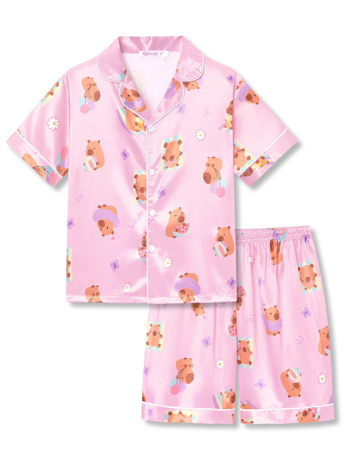 Topgal Girls Satin Pajamas, Short Sleeve Shorts Button Up, Size 6-16