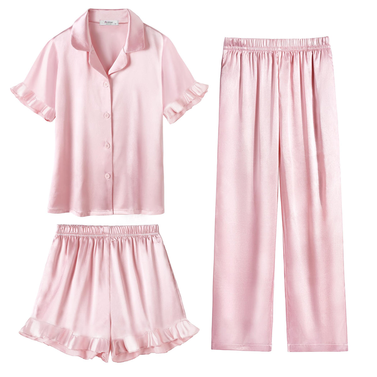 Arshiner Girls Pajamas Sets 3 Piece Satin Pjs Short Sleeve Silky Sleepwear