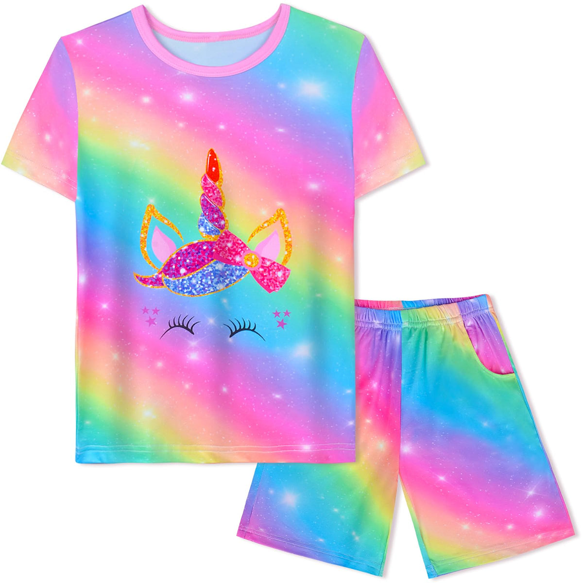 Girls Pajamas Tie Dye Mermaid Unicorn Summer Pjs Short Sleeve 2 Piece Sleepwear Toddler Girls Kids Nightwear 3T-10