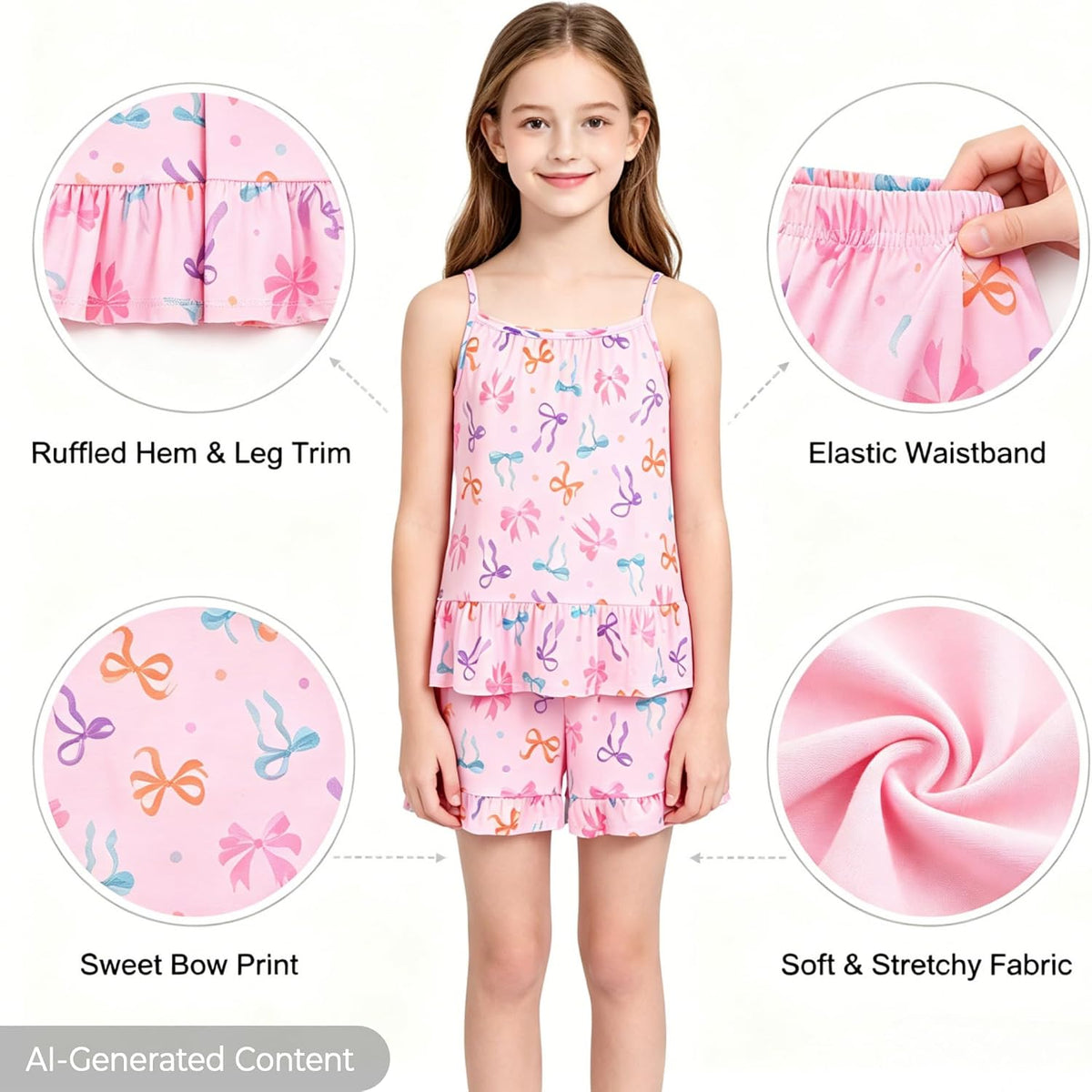 Topgal Girls Ruffle Hem Pajamas, 2PC Tank Top and Shorts, Sizes 6-18