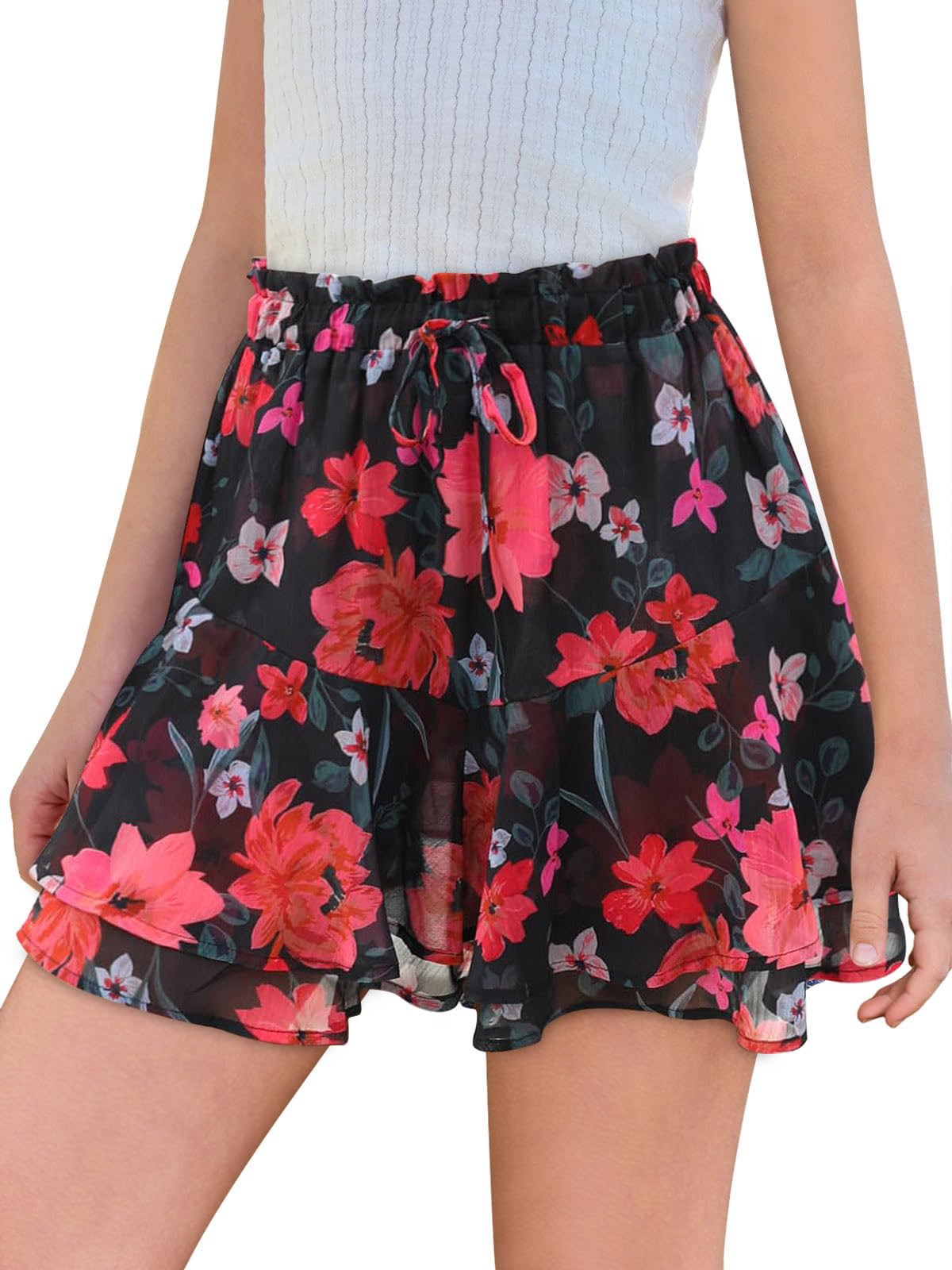 Haloumoning Girls Floral Skirts Kids Fashion Ruffle Flowy Shorts 5-14 Years