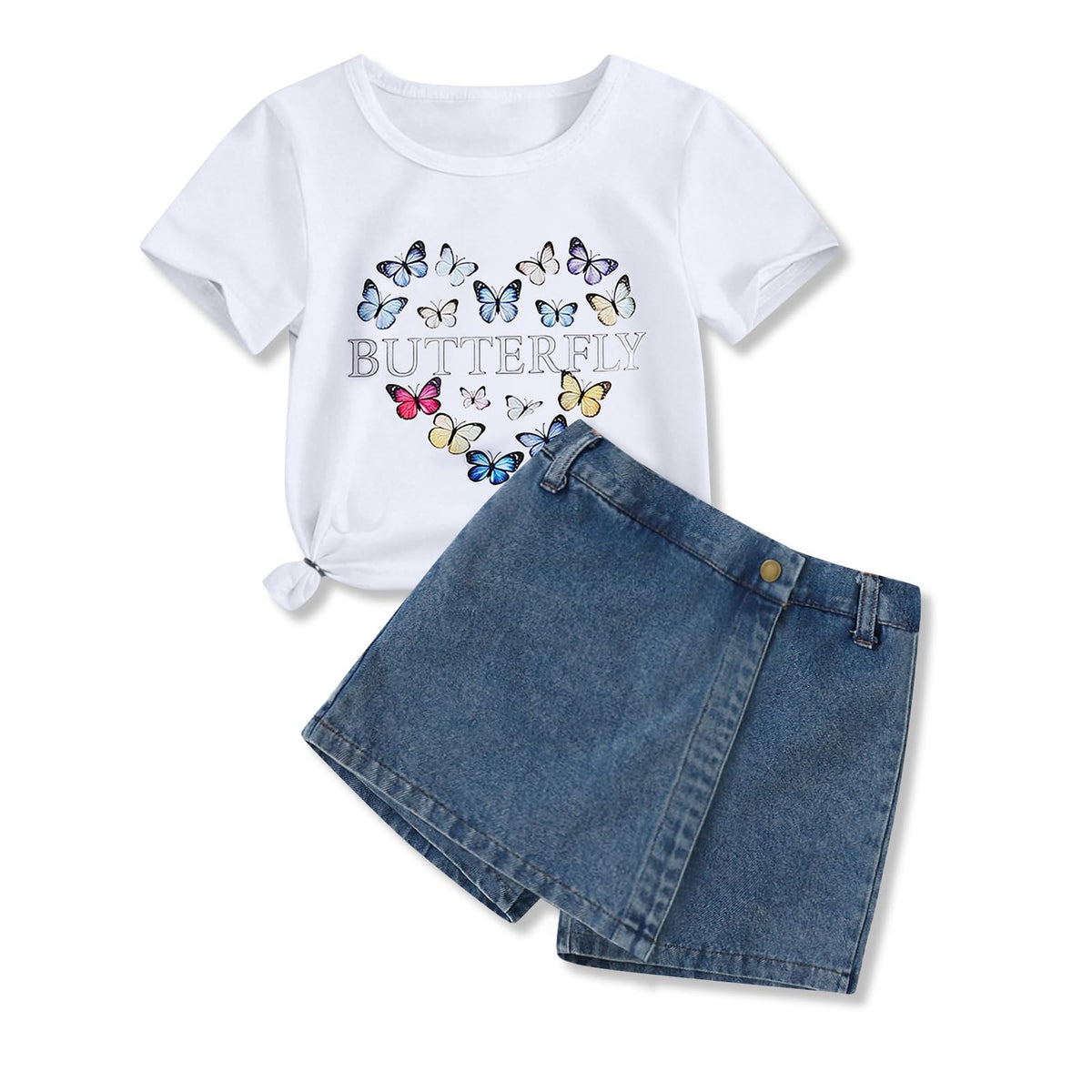Girls Summer Clothes Butterfly Print Short Sleeve Tops and Denim Skirt Shorts Set Cute Outfits for Kids Girls 5-12Y