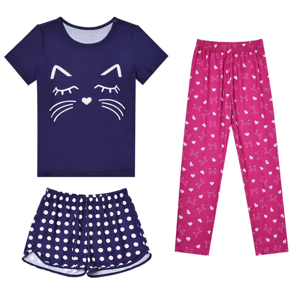 Mirawise Girls 3 Pc Pajamas Sleepwear Cotton Pjs Clothes Set 4-13 Years