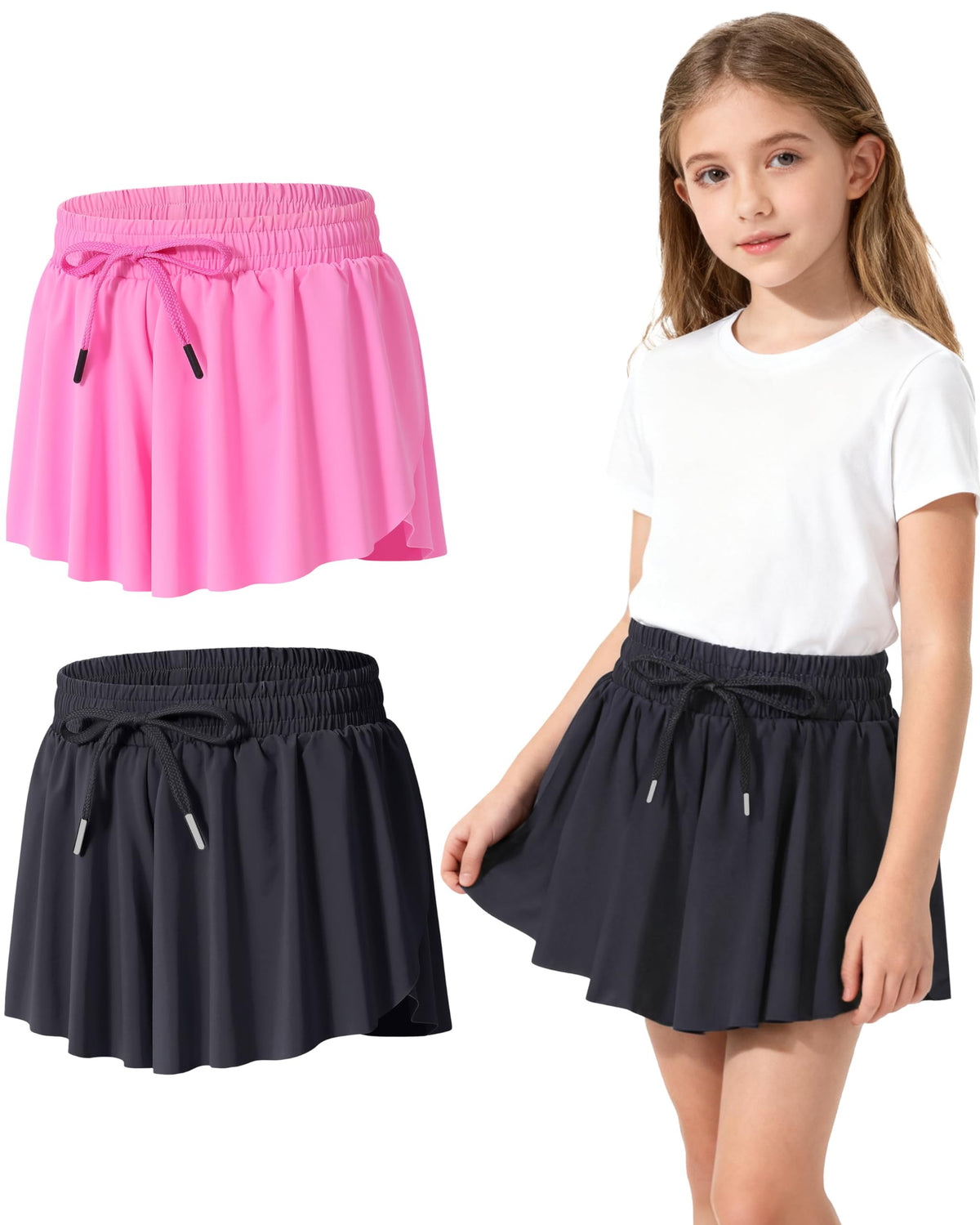 2-3 Pack Girls Flowy Butterfly Shorts with Pockets Liner 2 in 1 Skirt for Fitness, Athletic Running Sports