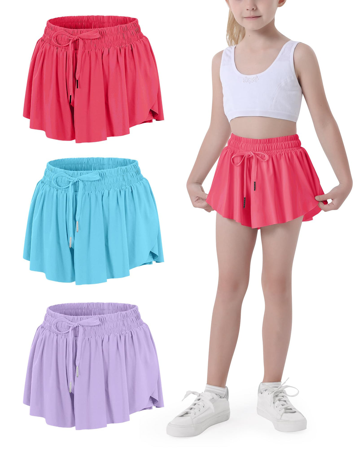 JOCMIC Girls Flowy Shorts, 2 in 1 Preppy Butterfly Shorts with Spandex Liner for Cheer Athletic Gym Teens Casual Clothes