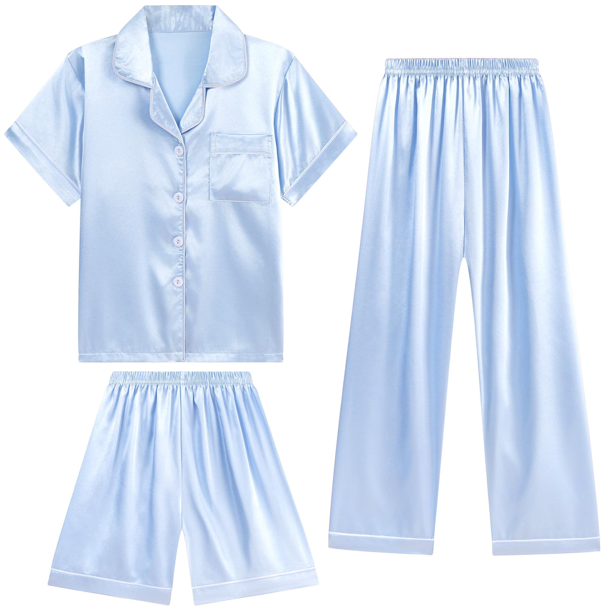 DIPUG Girls Pajamas 3 Pcs Satin PJs Set Silky Soft Sleepwear for Ages 4-13