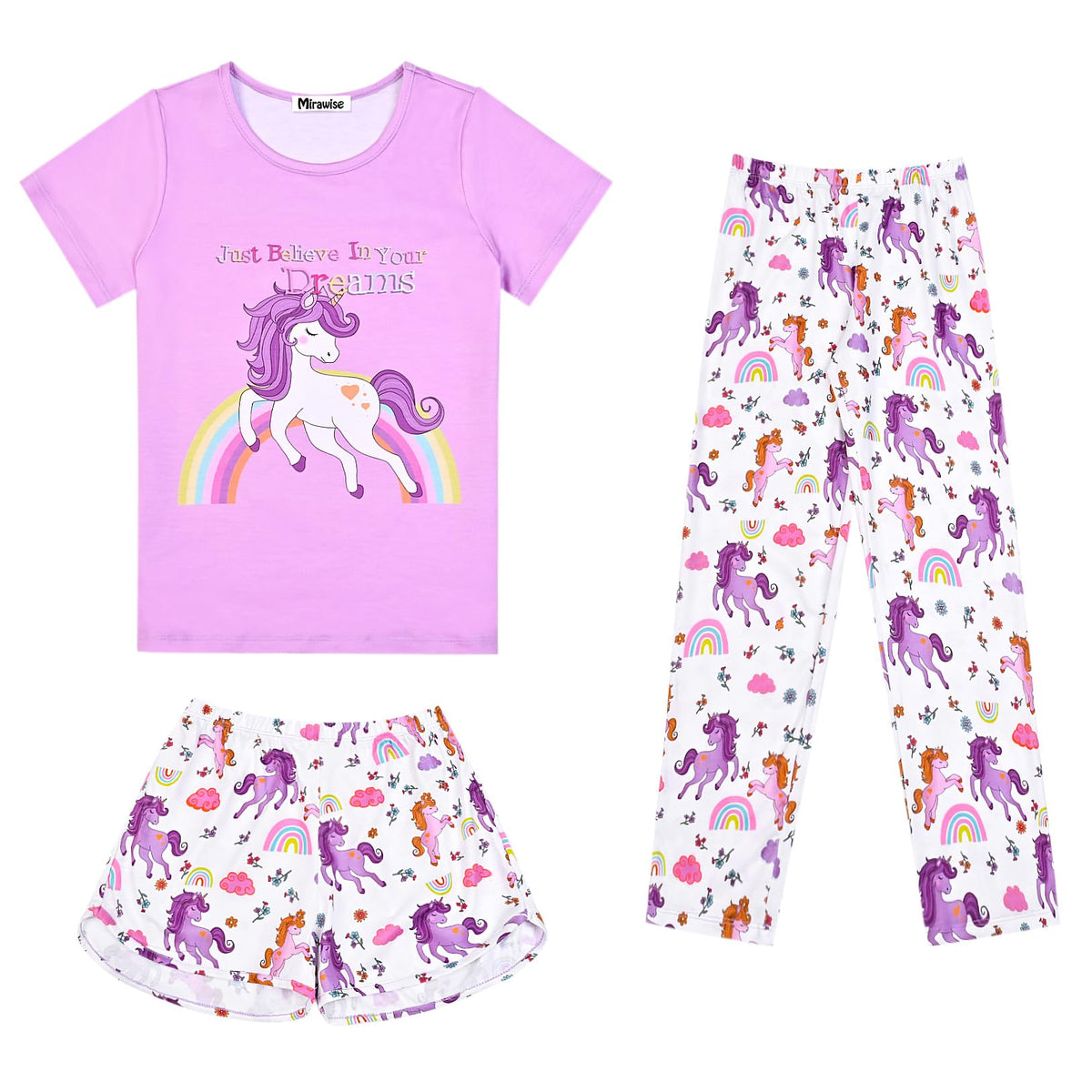 Mirawise Girls 3 Pc Pajamas Sleepwear Cotton Pjs Clothes Set 4-13 Years