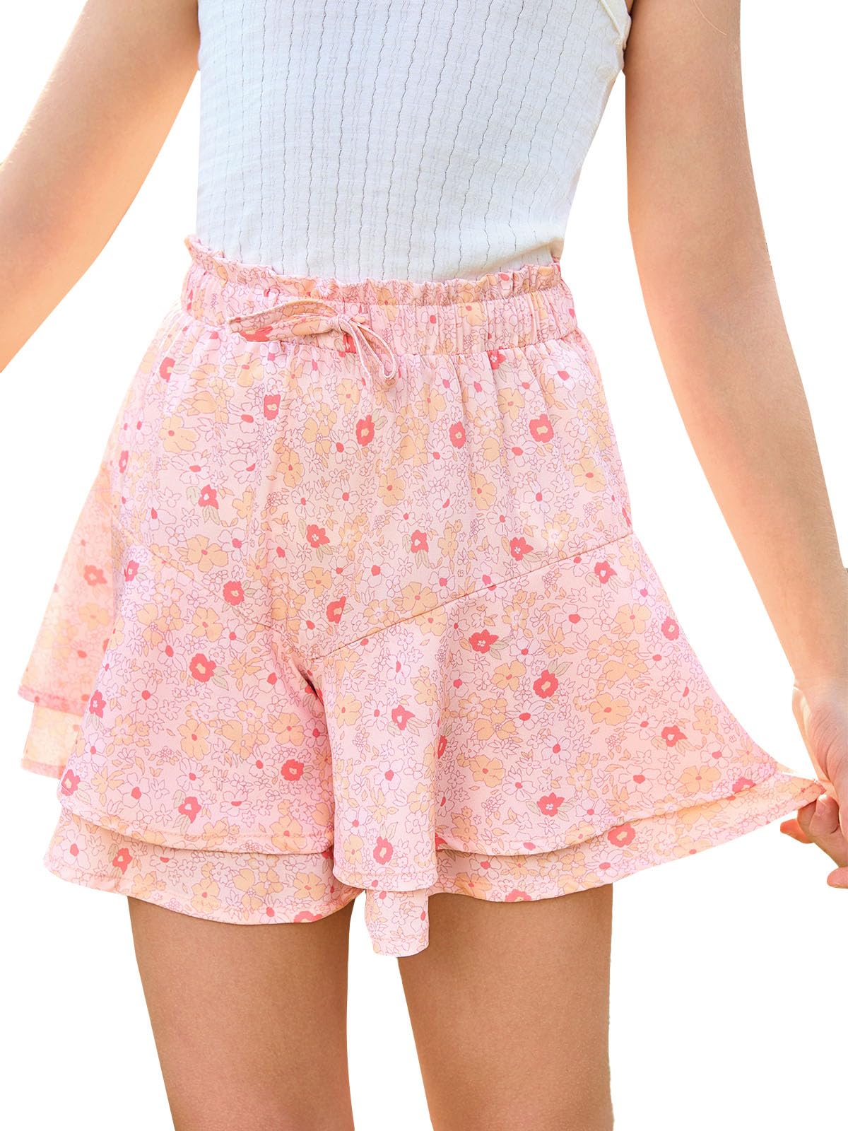 Haloumoning Girls Floral Skirts Kids Fashion Ruffle Flowy Shorts 5-14 Years