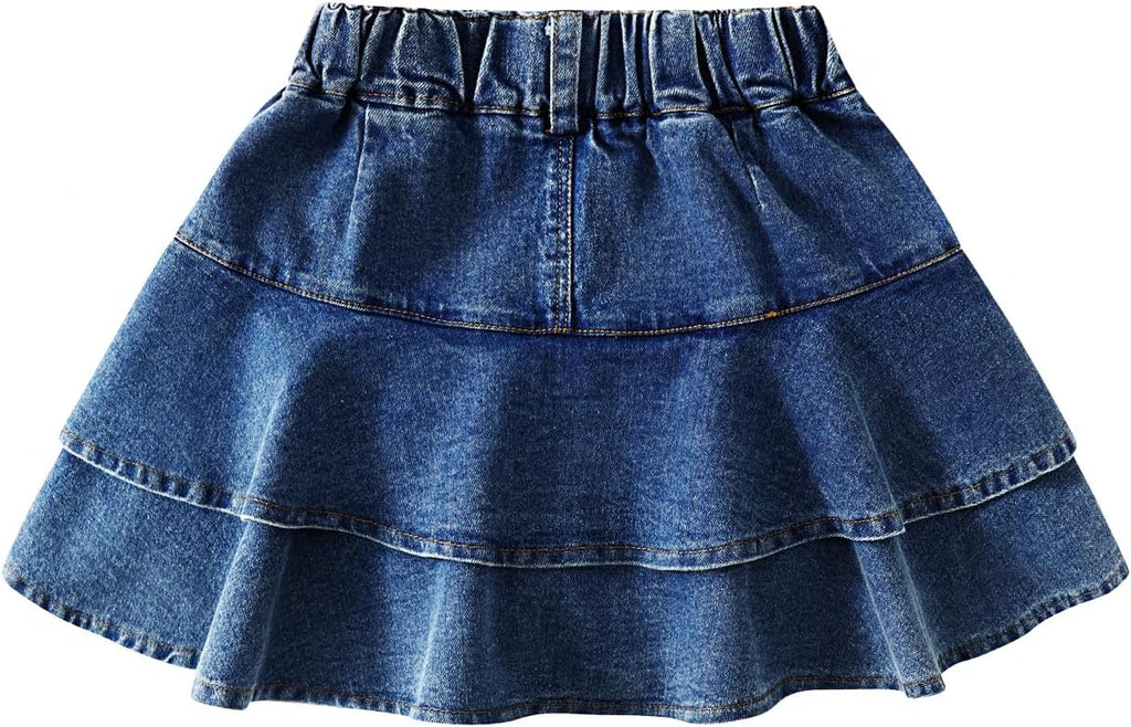 3-13Y Girls' Elastic Denim Skort, Mini Flared Pleated with Built-in Shorts