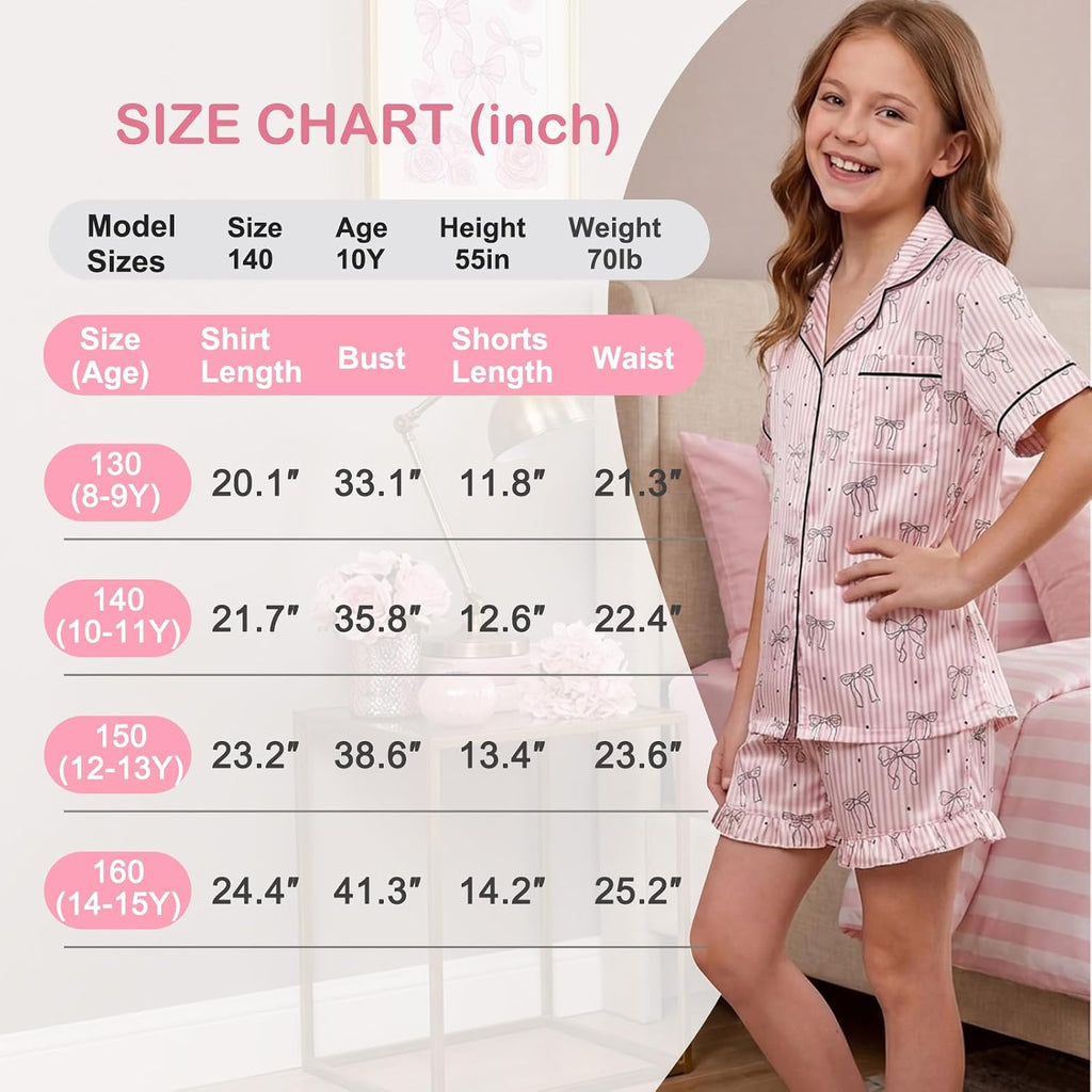 Beinou Girls Satin Pajama Sets Silky Summer Pjs for Big Kids Teens 8-15Y