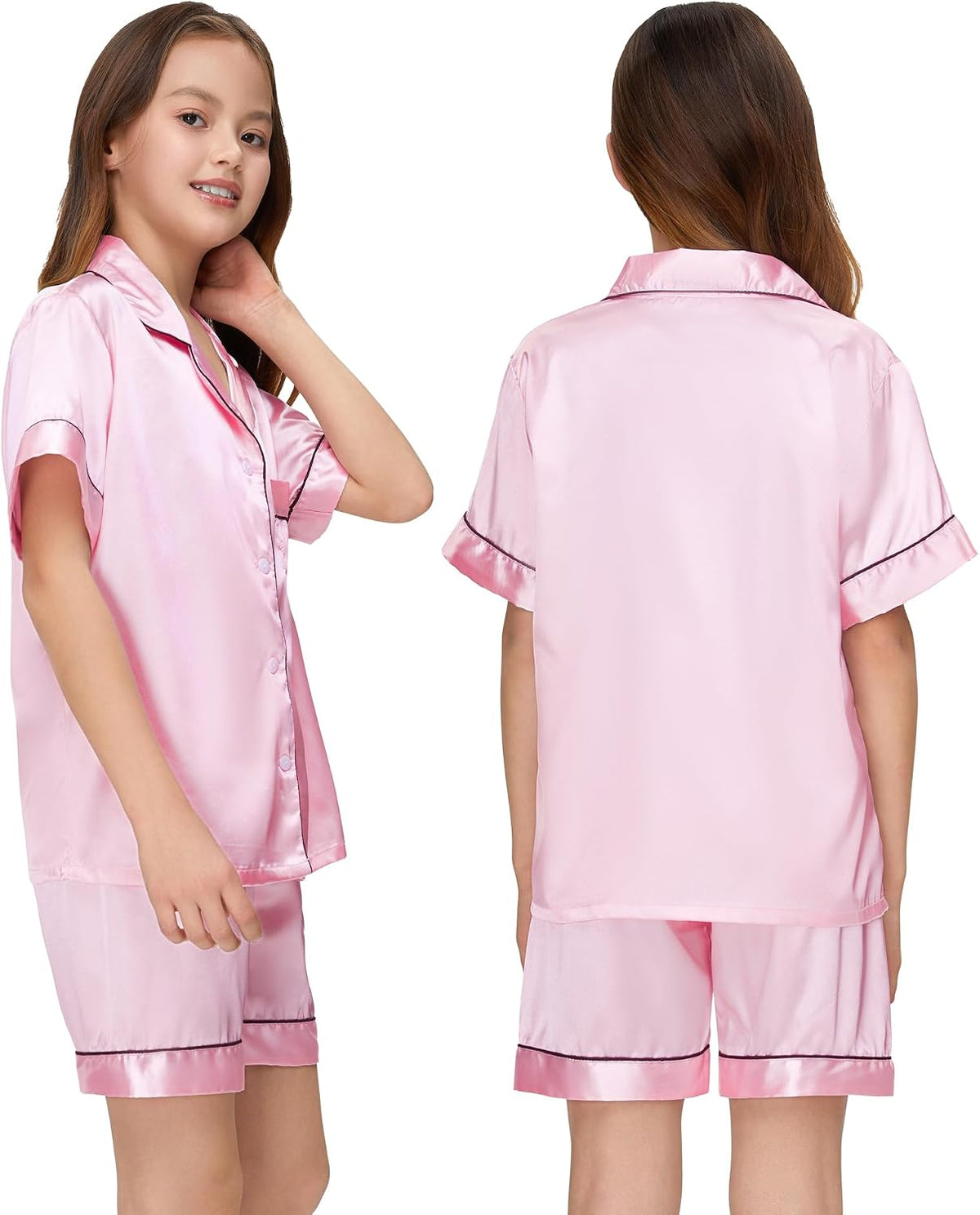 Kids Silk Pajamas Girls Satin Pajama Set Button Down Pjs Set 5-12Y