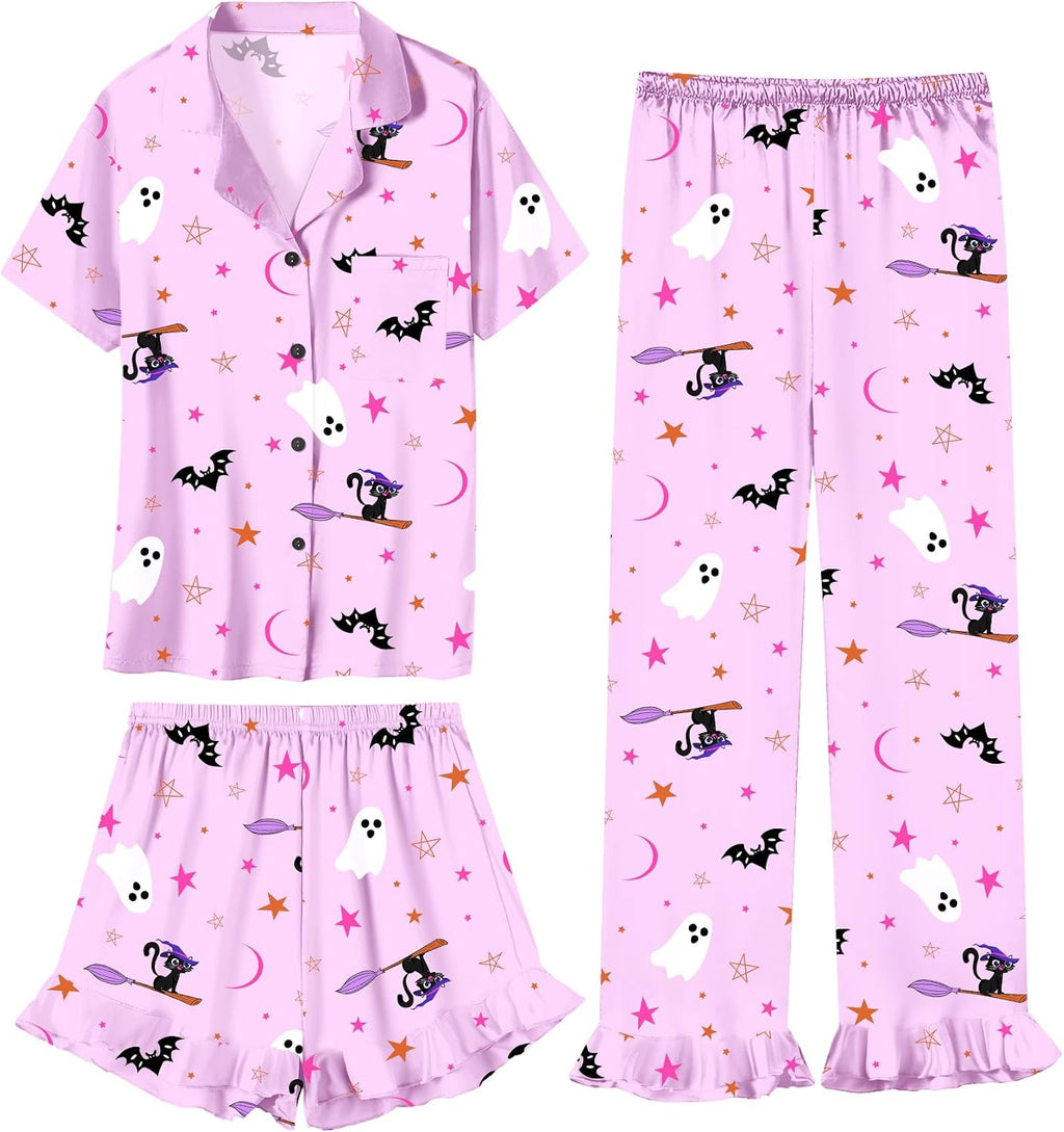 Umeyda Girls 3 Pieces Pajamas Sets Silk Satin Ruffle Sleepwear Short Sleeve Button-Down 3Pjs Nightwear, 5-14 Years