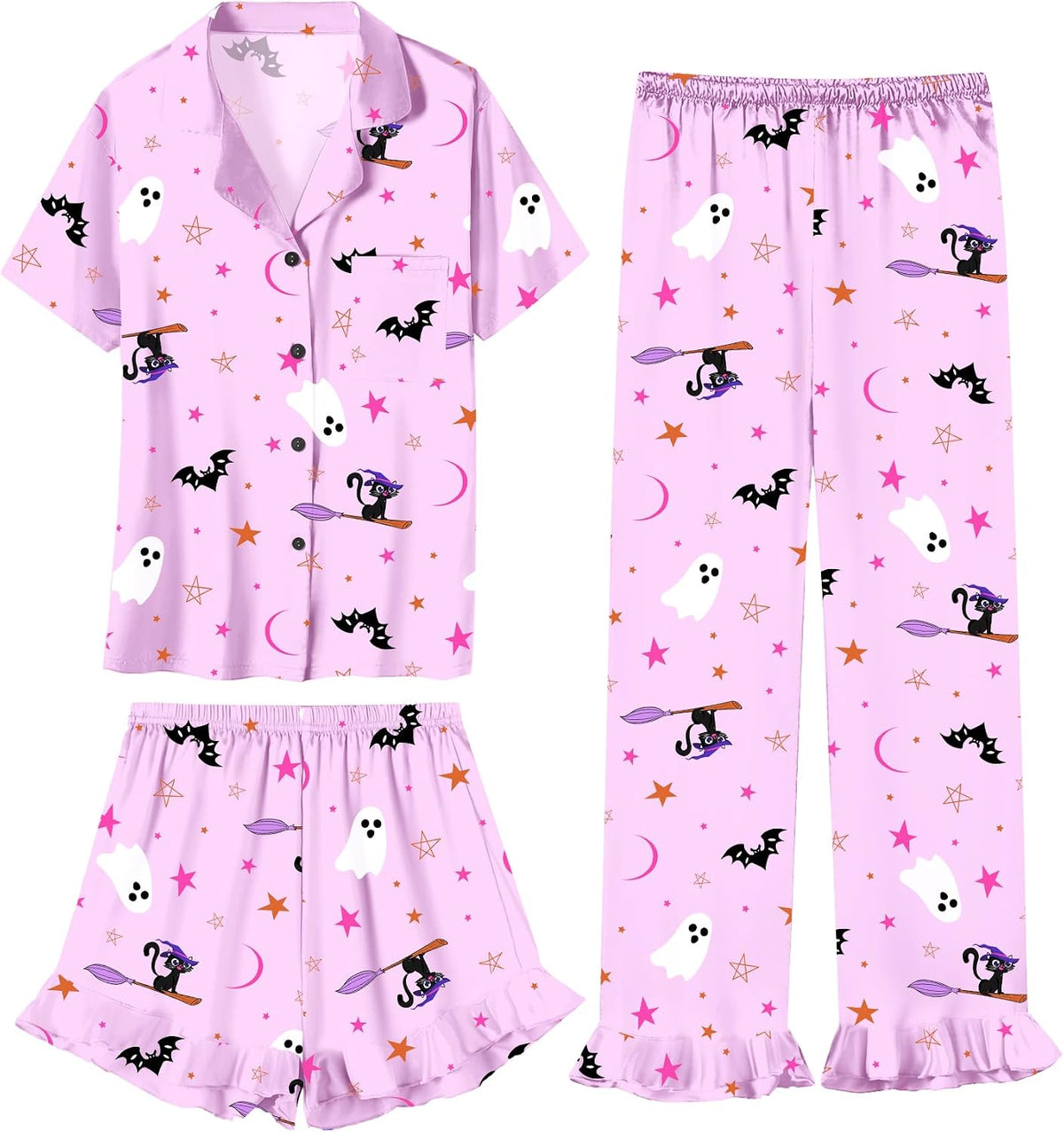 Umeyda Girls 3 Pieces Pajamas Sets Silk Satin Ruffle Sleepwear Short Sleeve Button-Down 3Pjs Nightwear, 5-14 Years