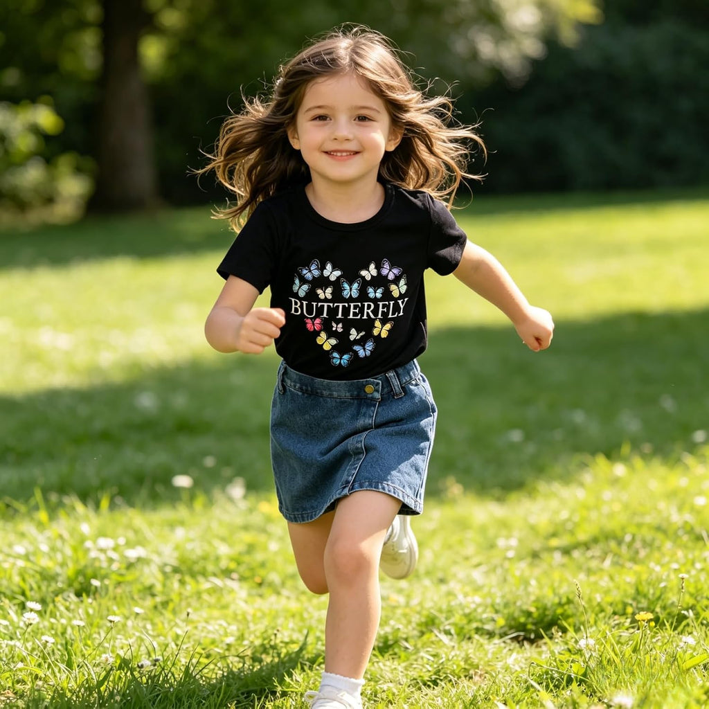 Girls Summer Clothes Butterfly Print Short Sleeve Tops and Denim Skirt Shorts Set Cute Outfits for Kids Girls 5-12Y