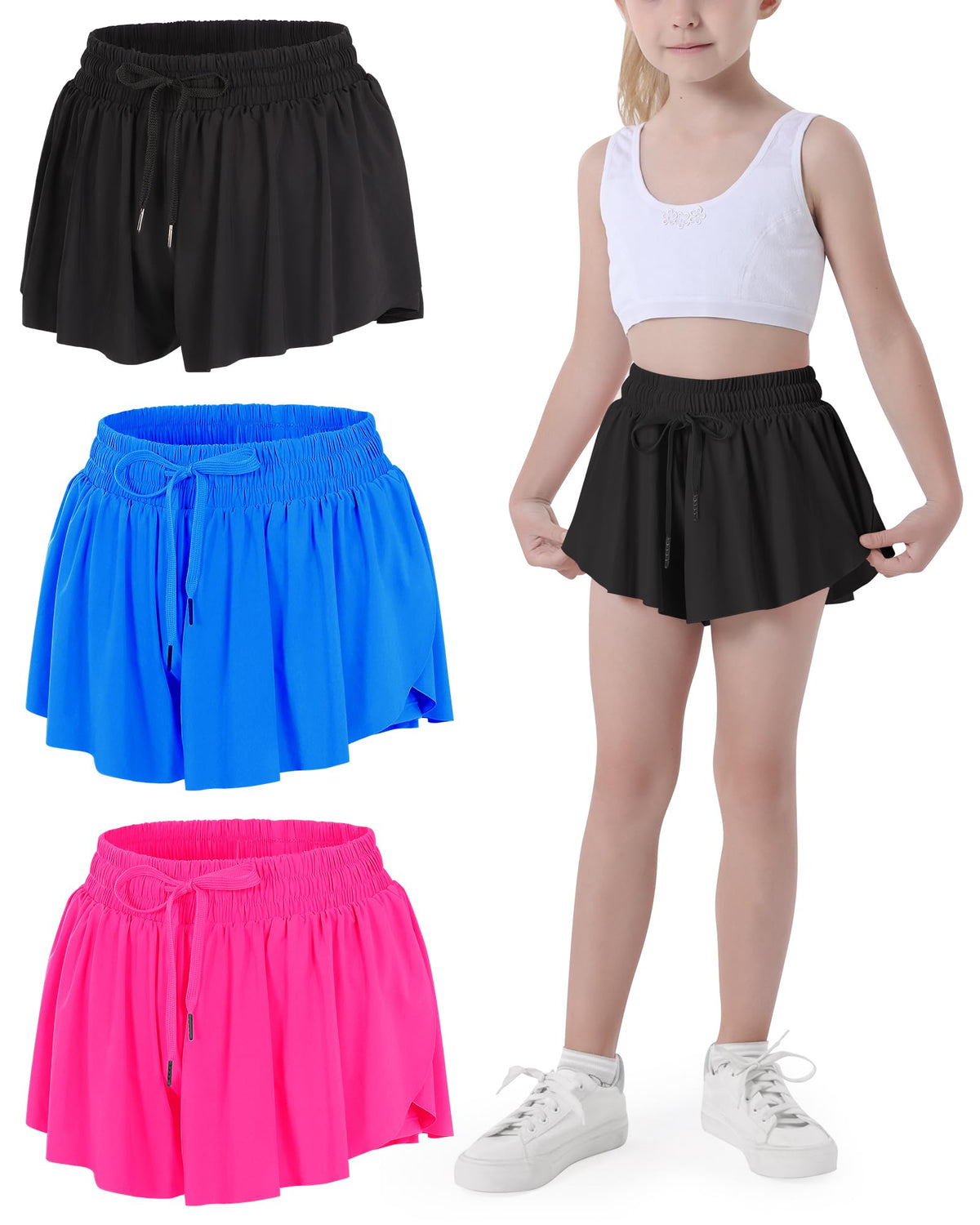 JOCMIC Girls Flowy Shorts, 2 in 1 Preppy Butterfly Shorts with Spandex Liner for Cheer Athletic Gym Teens Casual Clothes