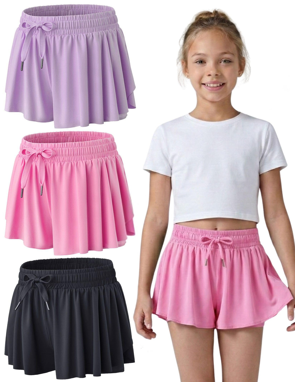 1 or 3 Pack Youth Girls Flowy Shorts with Spandex Liner & Pockets