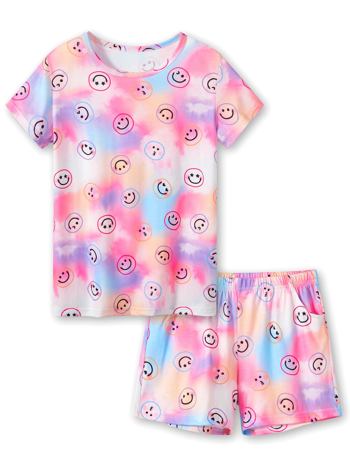 Beezizac Girls Pajamas Neon Tie Dye Spiral Capybara Smiling Face Print T-shirt & Shorts 2-Piece Soft PJ Set Size 6-18