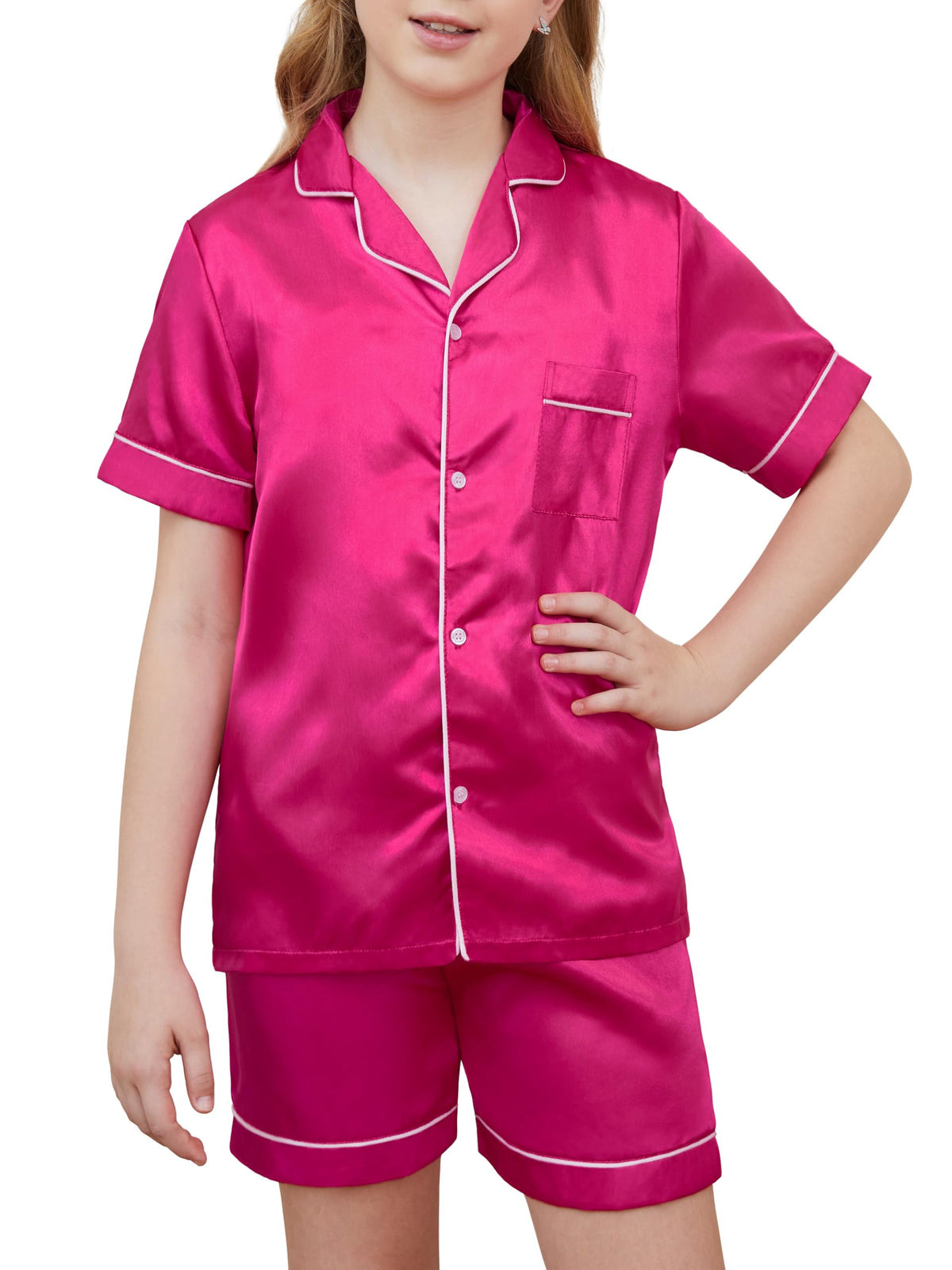 IHU Girls Pajamas Silk Satin PJs Boys Button Down Short Sleeve Shorts Set