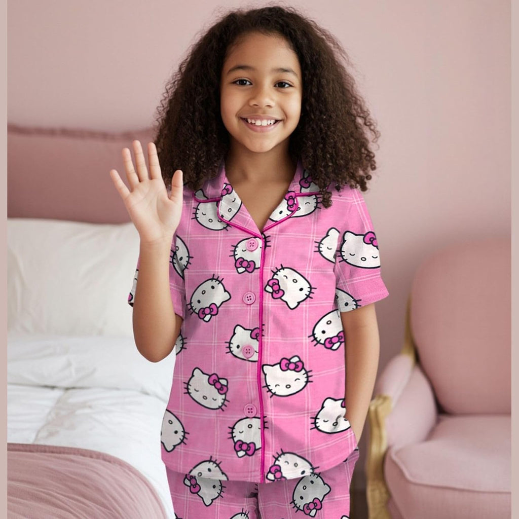 Hello Kitty Girls Pajama Set - 2 Piece Girls Pjs Button Down Short Sleeve & Pants For Kids - Official Product