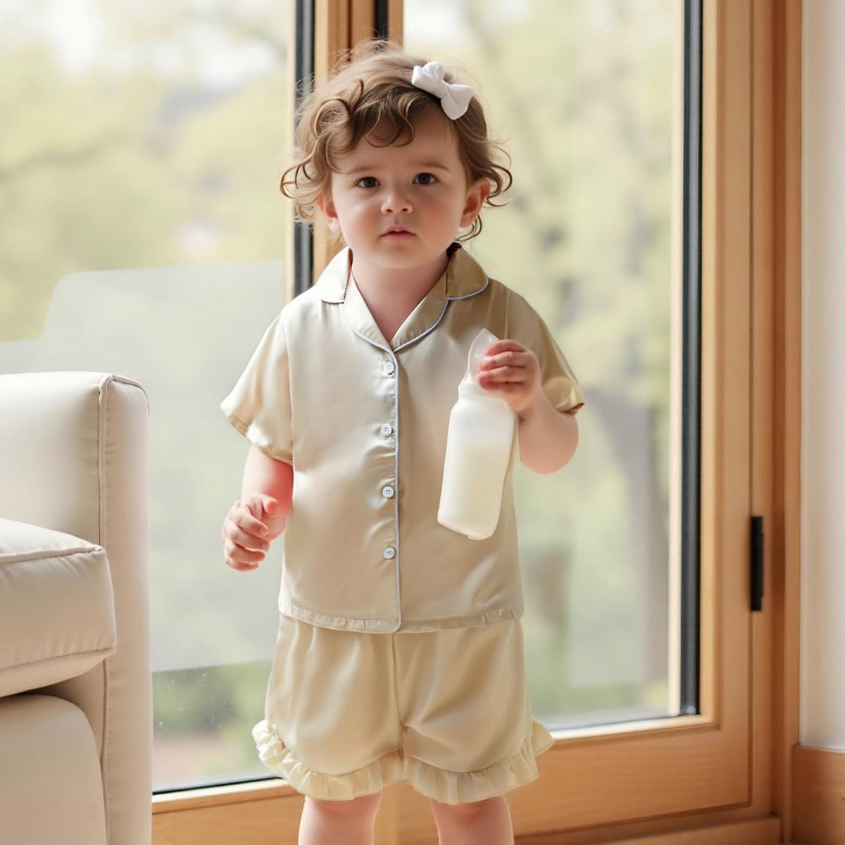 Ayalinggo Toddler Kids Girl Silk Pajamas Baby Ruffled Sleeve Button Down Satin Silk Pjs Sleepwear Loungwear Shorts Set